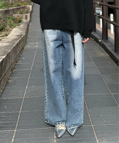 セール】ベルト付きルーズデニムパンツ（デニムパンツ）｜Per