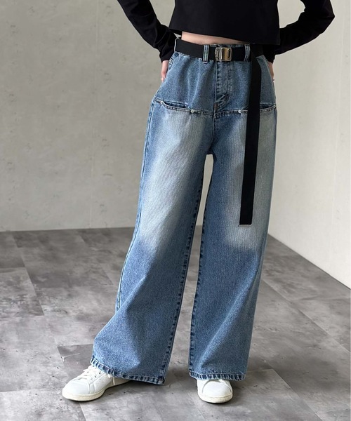 HESNTLS::デニムパンツ:34[RESALE] セール】高身長 ハイウエストタックデニムワイドパンツ 丈長め