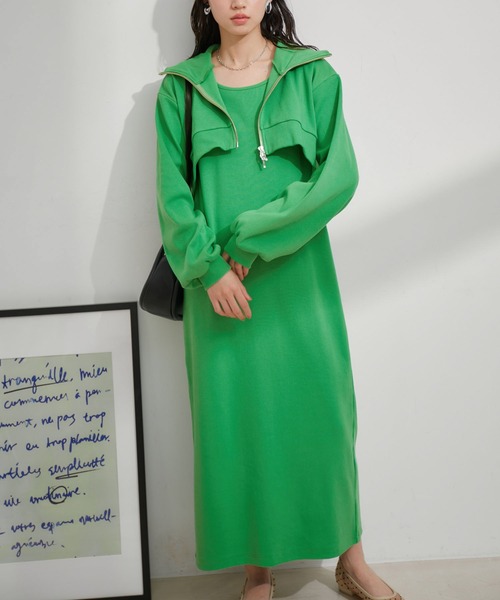 VIS（ビス）の「【洗える】ショートジップカーディガン/リブカットソーワンピース【SET】（ワンピース・レディース・ライトグレー/ベージュ系その他/グリーン系その他・FREE）」の3枚目の写真