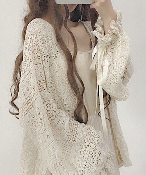 leune(ルネ)の「透かしレースキャンディースリーブカーディガン(カーディガン/ボレロ・レディース・アイボリー/ブラック/ピンク・FREE)」の1枚目の写真