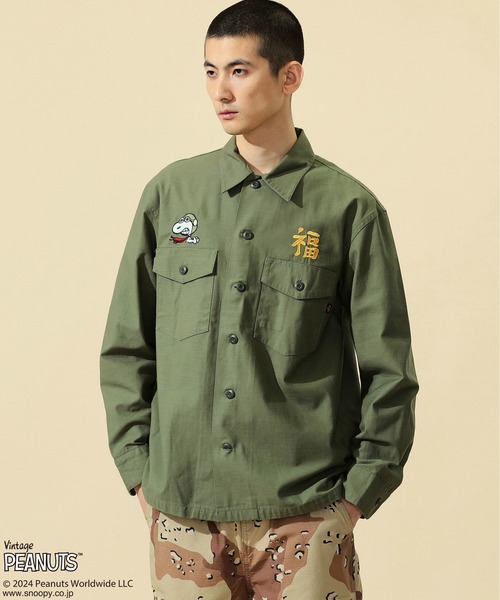 ※ALPHA（アルファ）の「PEANUTS x ALPHA ベトジャン風長袖シャツ/スヌーピー（シャツ/ブラウス・メンズ・ブラック/アーミー・X-LARGE/MEDIUM/LARGE/SMALL）」の15枚目の写真