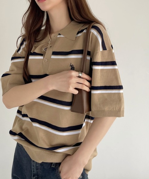 U.S. POLO ASSN.（ユーエスポロアッスン）の「U.S. POLO ASSN. メッシュ ボーダー デザイン ニット ポロシャツ（ポロシャツ・レディース・ライトベージュ/ネイビー系/ブラック・M/L）」の16枚目の写真