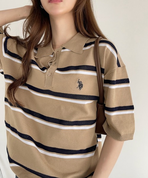 U.S. POLO ASSN.（ユーエスポロアッスン）の「U.S. POLO ASSN. メッシュ ボーダー デザイン ニット ポロシャツ（ポロシャツ・レディース・ライトベージュ/ネイビー系/ブラック・M/L）」の15枚目の写真