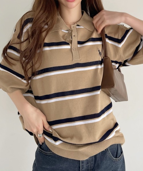 U.S. POLO ASSN.（ユーエスポロアッスン）の「U.S. POLO ASSN. メッシュ ボーダー デザイン ニット ポロシャツ（ポロシャツ・レディース・ライトベージュ/ネイビー系/ブラック・M/L）」の20枚目の写真