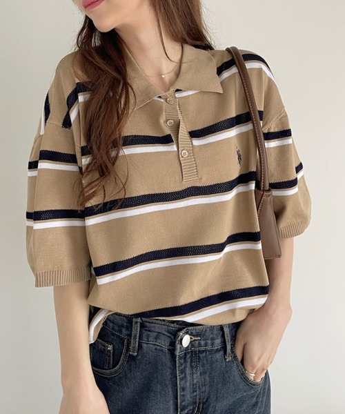 U.S. POLO ASSN.（ユーエスポロアッスン）の「U.S. POLO ASSN. メッシュ ボーダー デザイン ニット ポロシャツ（ポロシャツ・レディース・ライトベージュ/ネイビー系/ブラック・M/L）」の18枚目の写真