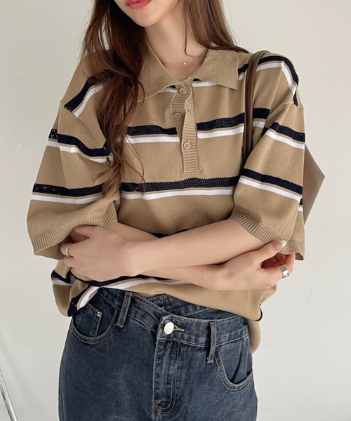 U.S. POLO ASSN.（ユーエスポロアッスン）の「U.S. POLO ASSN. メッシュ ボーダー デザイン ニット ポロシャツ（ポロシャツ・レディース・ライトベージュ/ネイビー系/ブラック・M/L）」の17枚目の写真