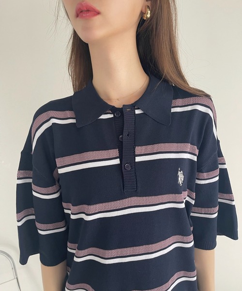 U.S. POLO ASSN.（ユーエスポロアッスン）の「U.S. POLO ASSN. メッシュ ボーダー デザイン ニット ポロシャツ（ポロシャツ・レディース・ライトベージュ/ネイビー系/ブラック・M/L）」の6枚目の写真
