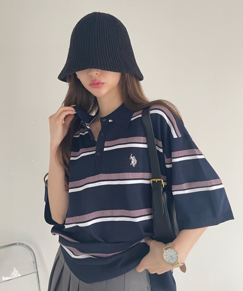 U.S. POLO ASSN.（ユーエスポロアッスン）の「U.S. POLO ASSN. メッシュ ボーダー デザイン ニット ポロシャツ（ポロシャツ・レディース・ライトベージュ/ネイビー系/ブラック・M/L）」の14枚目の写真
