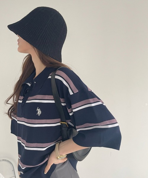 U.S. POLO ASSN.（ユーエスポロアッスン）の「U.S. POLO ASSN. メッシュ ボーダー デザイン ニット ポロシャツ（ポロシャツ・レディース・ライトベージュ/ネイビー系/ブラック・M/L）」の11枚目の写真