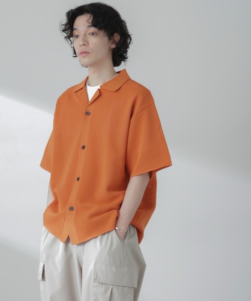 セール】ポリメッシュリラックスオープンカラーニットシャツ（シャツ