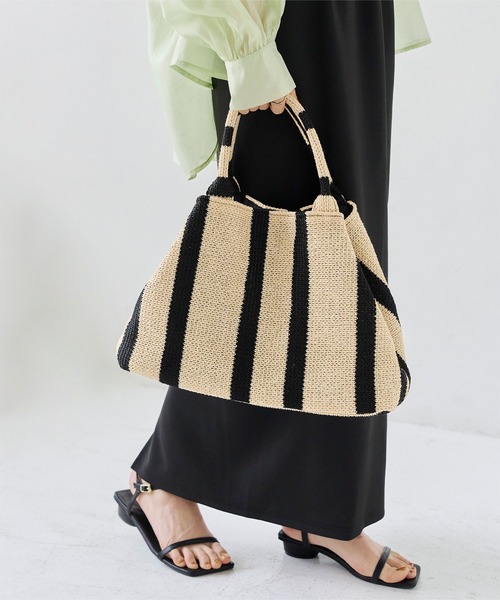 titivate（ティティベイト）の「ストライプペーパーかごバッグ（かごバッグ・レディース・ブラック・FREE）」の9枚目の写真