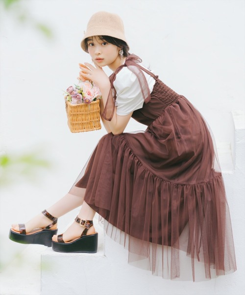 WILLSELECTION(ウィルセレクション)の「ショルダーリボンチュールティアードワンピース(ワンピース・レディース・ブラック/ダークブラウン/ラベンダー・FREE)」の1枚目の写真