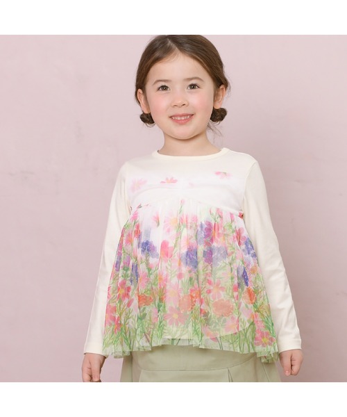 KP（ケーピー）の「花柄チュールレイヤードチュニック(80～150)（チュニック・キッズ・オフホワイト/サックスブルー・130cm/120cm/110cm）」の2枚目の写真