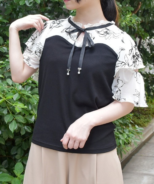 axes femme（アクシーズファム）の「フロッキーチュール切替プルオーバー（Tシャツ/カットソー・レディース・サックスブルー/ブラック/ホワイト・FREE）」の3枚目の写真