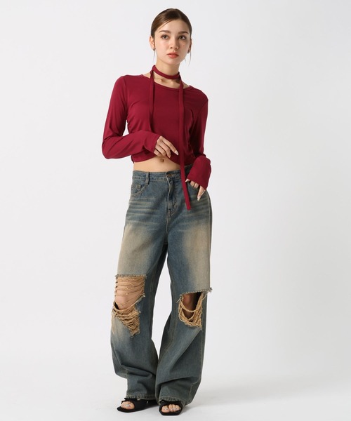 FOREVER 21(フォーエバー トゥエンティーワン)の「【2024FW】ボウタイシャーリングロングスリーブ(Tシャツ/カットソー・レディース・グレー/レッド/ブラック/ホワイト・SMALL/MEDIUM)」の5枚目の写真