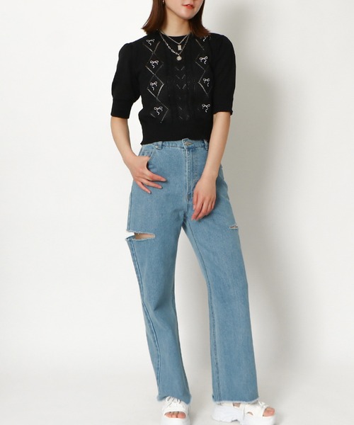 GORGE(ゴージ)の「《リボン刺しゅう×透かし編み》レディース 半袖ニット プルオーバー フェミニン 春夏秋(Tシャツ/カットソー・レディース・オフホワイト/ブラック/サックスブルー・F)」の5枚目の写真