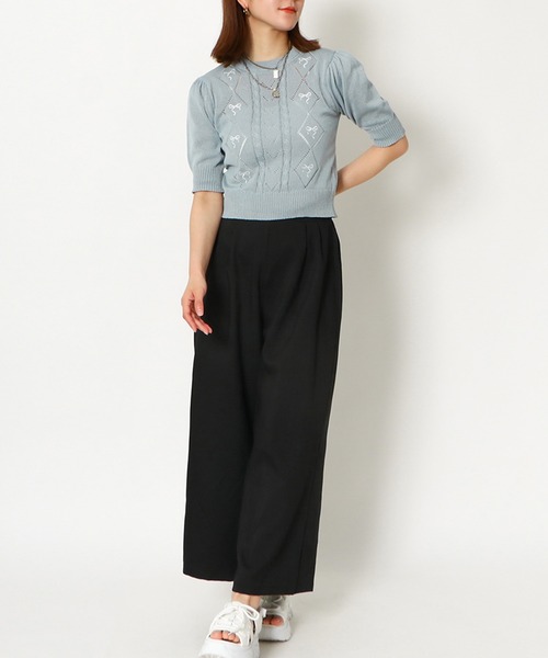 GORGE(ゴージ)の「《リボン刺しゅう×透かし編み》レディース 半袖ニット プルオーバー フェミニン 春夏秋(Tシャツ/カットソー・レディース・オフホワイト/ブラック/サックスブルー・F)」の6枚目の写真