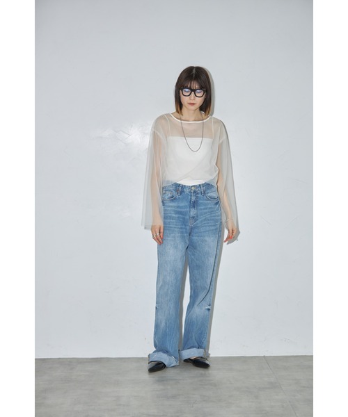 leimn(レイムン)の「チュールクロップドシアーTシャツ(Tシャツ/カットソー・レディース・アイボリー/ブラック・M)」の3枚目の写真