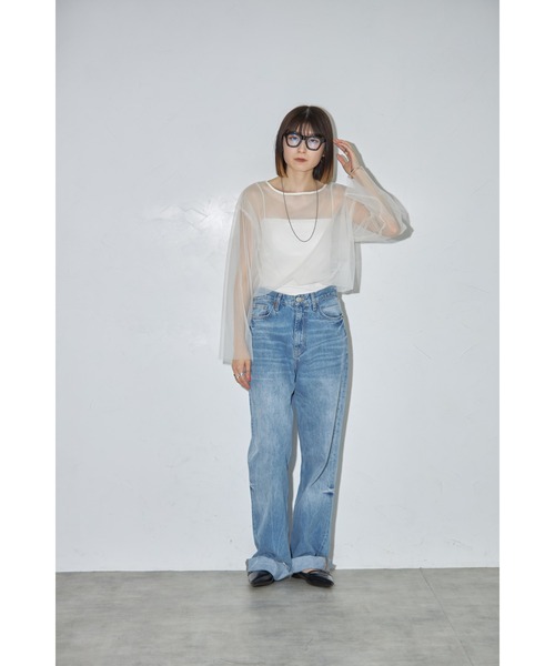 leimn(レイムン)の「チュールクロップドシアーTシャツ(Tシャツ/カットソー・レディース・アイボリー/ブラック・M)」の6枚目の写真