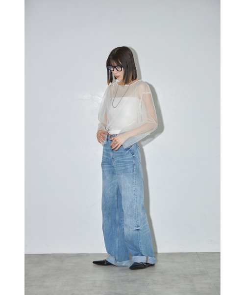 leimn(レイムン)の「チュールクロップドシアーTシャツ(Tシャツ/カットソー・レディース・アイボリー/ブラック・M)」の9枚目の写真