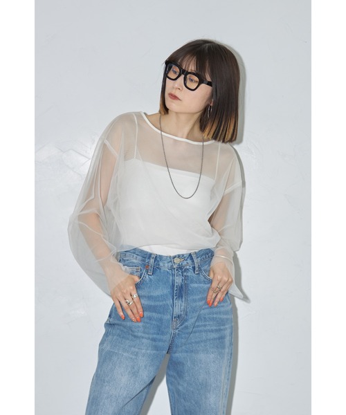 leimn(レイムン)の「チュールクロップドシアーTシャツ(Tシャツ/カットソー・レディース・アイボリー/ブラック・M)」の15枚目の写真