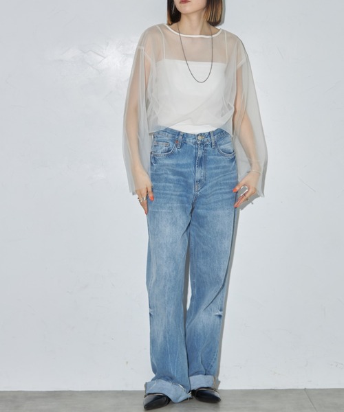 leimn(レイムン)の「チュールクロップドシアーTシャツ(Tシャツ/カットソー・レディース・アイボリー/ブラック・M)」の5枚目の写真