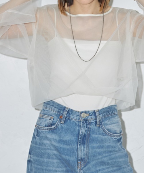 leimn(レイムン)の「チュールクロップドシアーTシャツ(Tシャツ/カットソー・レディース・アイボリー/ブラック・M)」の4枚目の写真