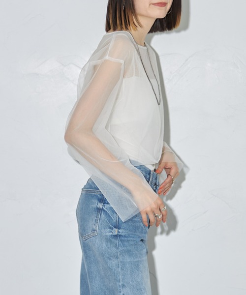 leimn(レイムン)の「チュールクロップドシアーTシャツ(Tシャツ/カットソー・レディース・アイボリー/ブラック・M)」の14枚目の写真
