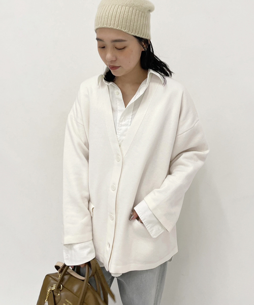 FRAMeWORK COTTONクレープドロストカーディガン ホワイト FRAMeWORK（フレームワーク）の「WO/CO 接結Vネックカーディガン