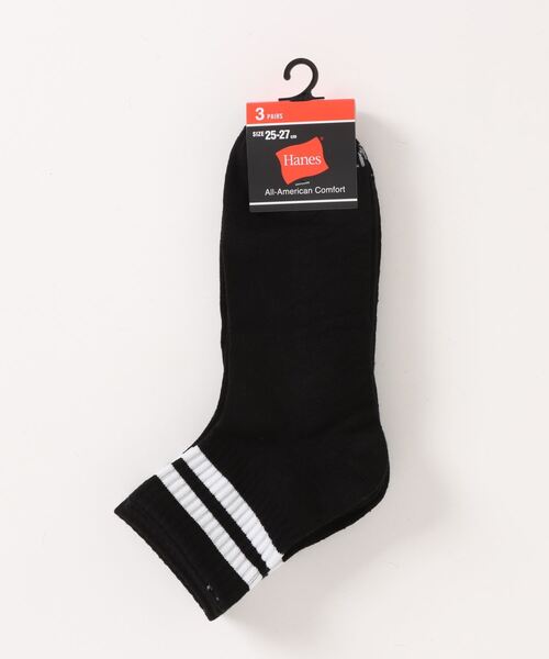 HANES（ヘインズ）の「【HANES/ヘインズ】クォーターレングスライン柄ソックス3足組 HMSCZ202（ソックス/靴下・メンズ・ブラック/ホワイト・MEDIUM）」の2枚目の写真