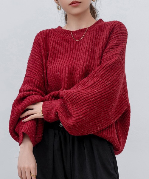 DAY CLOSET(デイ クローゼット)の「レディース 長袖ボリューム袖グリッターラメニットプルオーバー(ニット/セーター・レディース・グレー/レッド/ライトブラウン・FREE)」の3枚目の写真