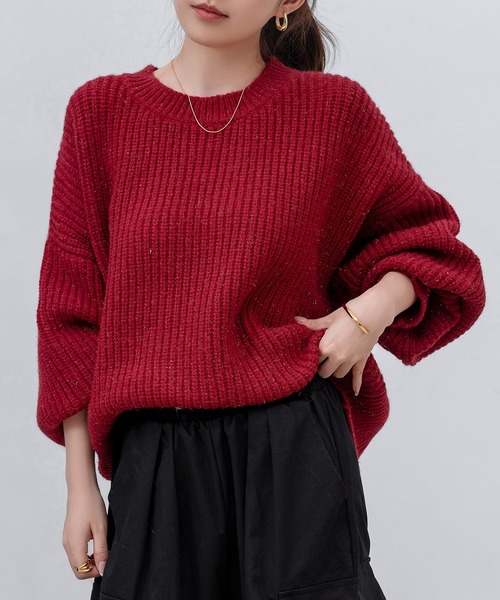 DAY CLOSET(デイ クローゼット)の「レディース 長袖ボリューム袖グリッターラメニットプルオーバー(ニット/セーター・レディース・グレー/レッド/ライトブラウン・FREE)」の18枚目の写真