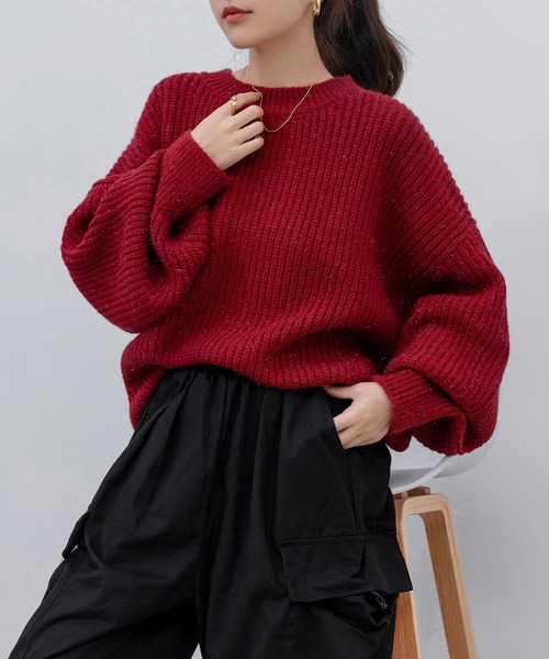DAY CLOSET(デイ クローゼット)の「レディース 長袖ボリューム袖グリッターラメニットプルオーバー(ニット/セーター・レディース・グレー/レッド/ライトブラウン・FREE)」の19枚目の写真