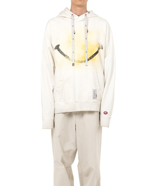 MIHARA YASUHIRO♡ SMILY FACE PRINTED DISTRESSED HOODIE Mihara Yasuhiro Smily Face Printed Distressed Hoodie - Black