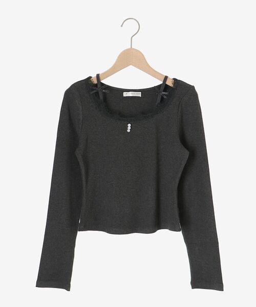 MAJESTIC LEGON（マジェスティックレゴン）の「レース使い肩リボントップス（Tシャツ/カットソー・レディース・チャコールグレー/グレー/オフホワイト・MEDIUM）」の5枚目の写真