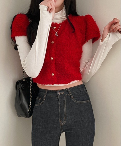 VIVIENNE TAM オレンジファー半袖ニット　アンゴラ混　ラビットファー 美品】ヴィヴィアンタム アンゴラ混 半袖ニット ラビットファー