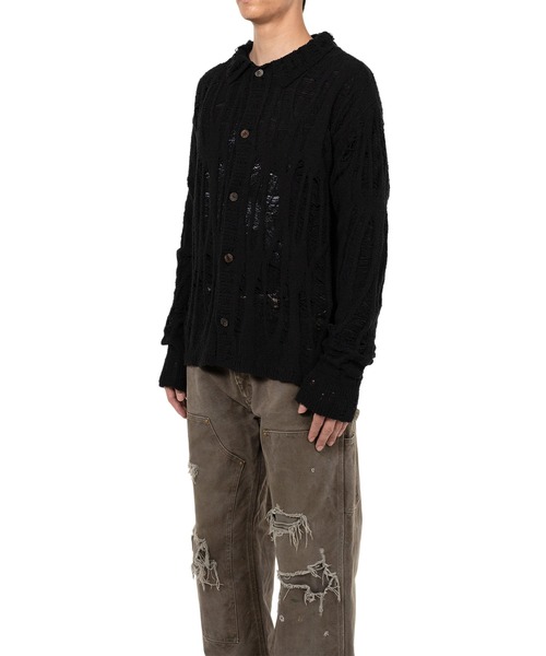 トップス KAMIYA Distressed Knit Cardigan BLACK セール】Distressed Knit Cardigan（カーディガン/ボレロ