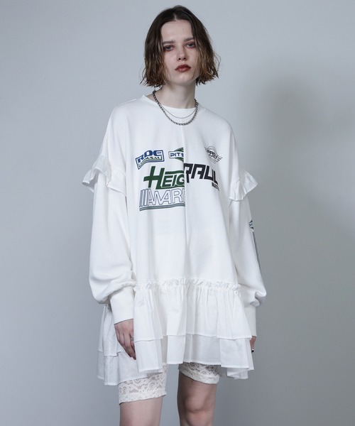 新品✨ローズバッド 完売品 スポーツロゴフリルドッキングチュニック スウェット 新品✨ローズバッド 完売品 スポーツロゴフリルドッキング