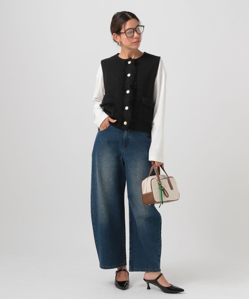 BAYFLOW（ベイフロー）の「[幅広いシーンで活躍]ツイードライクニットベスト（ベスト・レディース・ブラック/オフホワイト・FREE）」の5枚目の写真