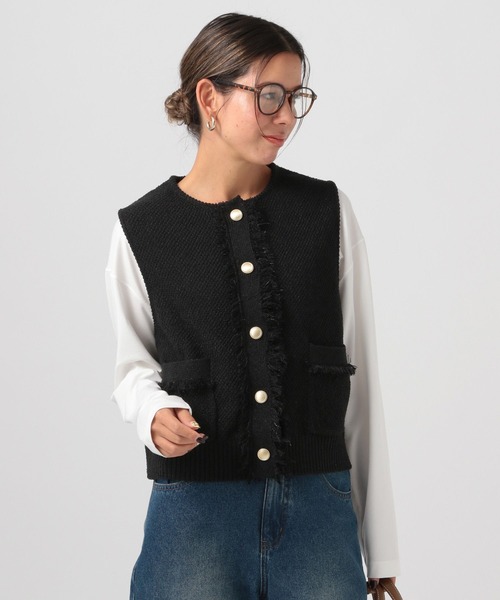 BAYFLOW（ベイフロー）の「[幅広いシーンで活躍]ツイードライクニットベスト（ベスト・レディース・ブラック/オフホワイト・FREE）」の9枚目の写真