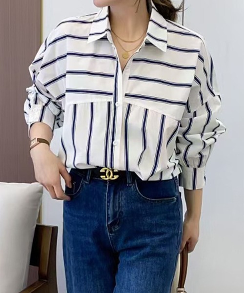 aimoha(アイモハ)の「ストライプオーバーシャツ(シャツ/ブラウス・レディース・グリーン/ホワイト・FREE)」の8枚目の写真