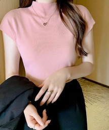 上品大人見え プチハイネック 半袖 サマーニット