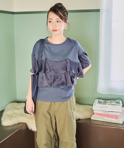 OZZ ONESTE【F】フリルレース使いカットソー/レイヤード風 編み上げ OZZ ONESTE【F】フリルレース使いカットソー/レイヤード風