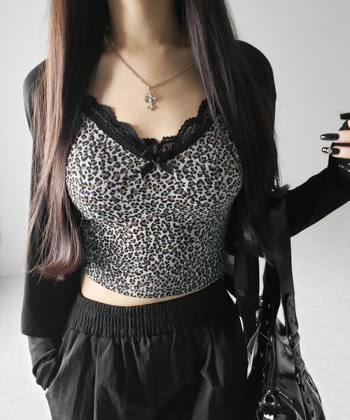 me+em select(ミームセレクト)の「【 2点セット 】ドッキングレースレオパードキャミソール + カーディガン SET / docking lace leopard camisole + cardigan SET(アンサンブル・レディース・ホワイト/ブラック・FREE)」の20枚目の写真