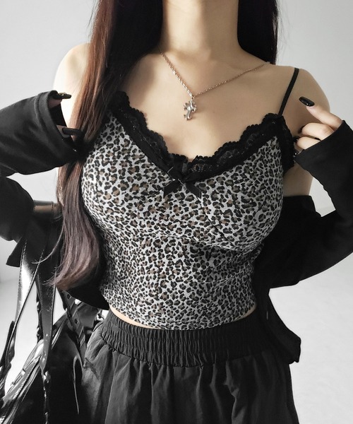 me+em select(ミームセレクト)の「【 2点セット 】ドッキングレースレオパードキャミソール + カーディガン SET / docking lace leopard camisole + cardigan SET(アンサンブル・レディース・ホワイト/ブラック・FREE)」の18枚目の写真
