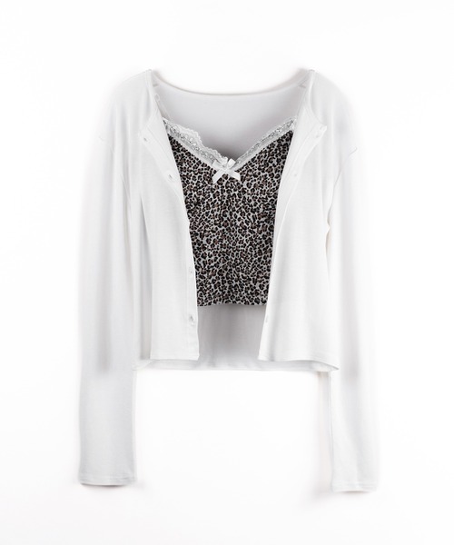 me+em select(ミームセレクト)の「【 2点セット 】ドッキングレースレオパードキャミソール + カーディガン SET / docking lace leopard camisole + cardigan SET(アンサンブル・レディース・ホワイト/ブラック・FREE)」の3枚目の写真
