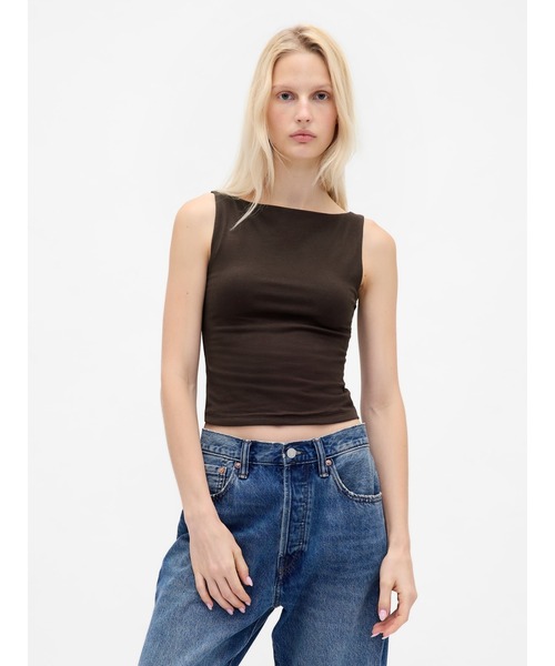 クローズニット ジャージー クロップド ボートネック シェル