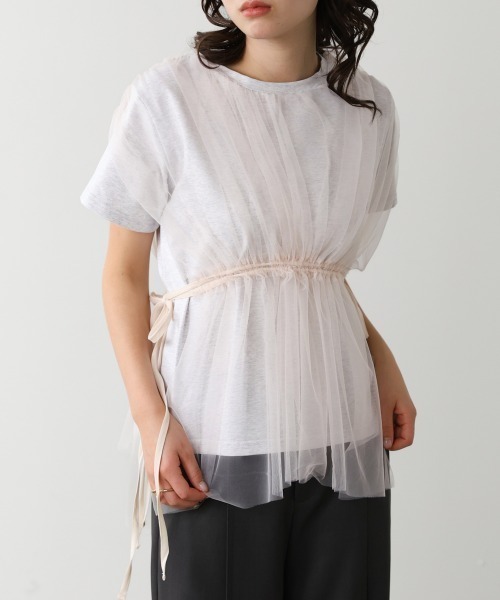 Bab(バブ)の「チュールドッキングギャザーカットソー(Tシャツ/カットソー・レディース・ベージュ/アイボリー/チャコールグレー/杢グレー・FREE)」の4枚目の写真