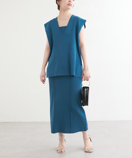 【Threadbare】【日本未入荷】ナチュラル Vネック ニットワンピ WEB限定】総針Vネックベスト+キャミSET（ワンピース）｜natural