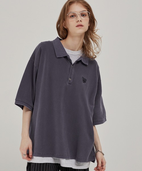 ヴィンテージ加工 ピグメント ハートロゴ ワンポイント刺繍ポロシャツ ヴィンテージ加工 ピグメント ハートロゴ ワンポイント刺繍ポロシャツ